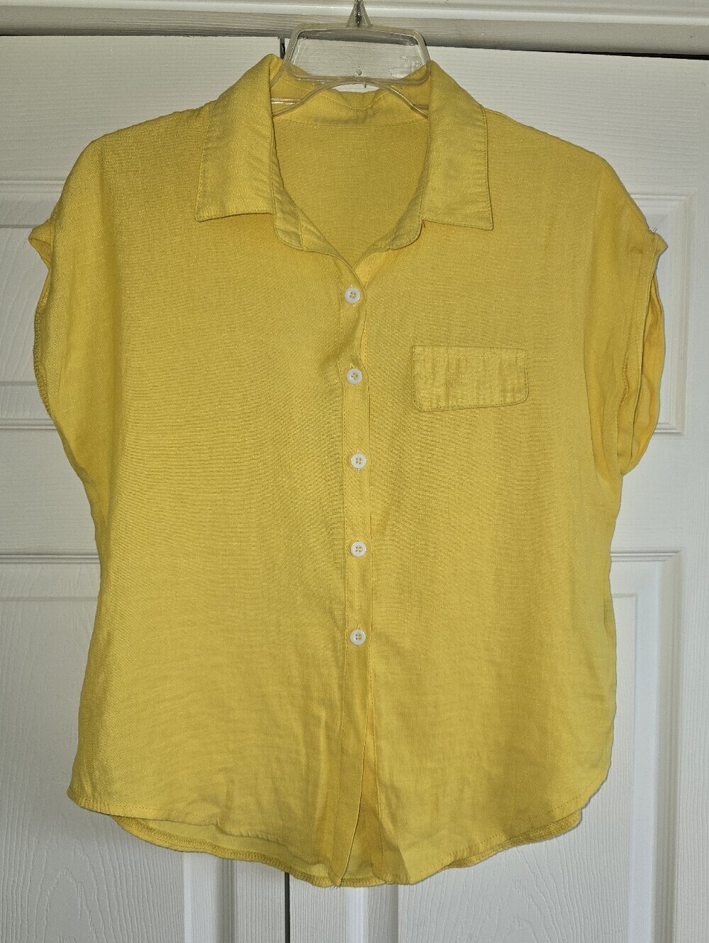 Classic Spring Summer Yellow Collar Cap Sleeve Buttom Up
